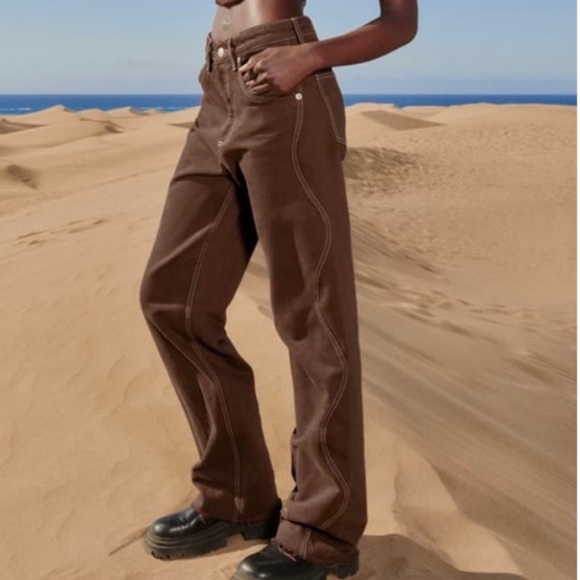 Zara High Rise Wide Leg Brown Denim Jeans With Wavy Stitching - 4 - Picture 2 of 10